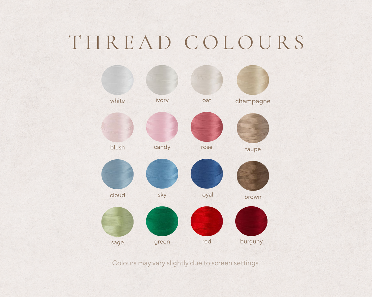 Embroidery thread colour options for personalised Christmas baby blankets