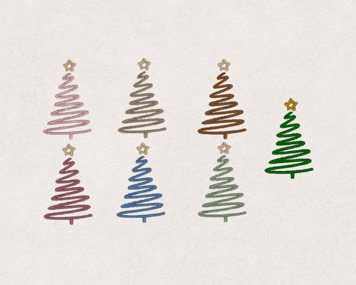 Christmas tree embroidery design colour options for personalised baby Christmas rompers, including pink, beige, brown, dusty pink, blue, sage and green.