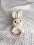 Ivory crochet bunny rattle to pair with a personalised baby blanket
