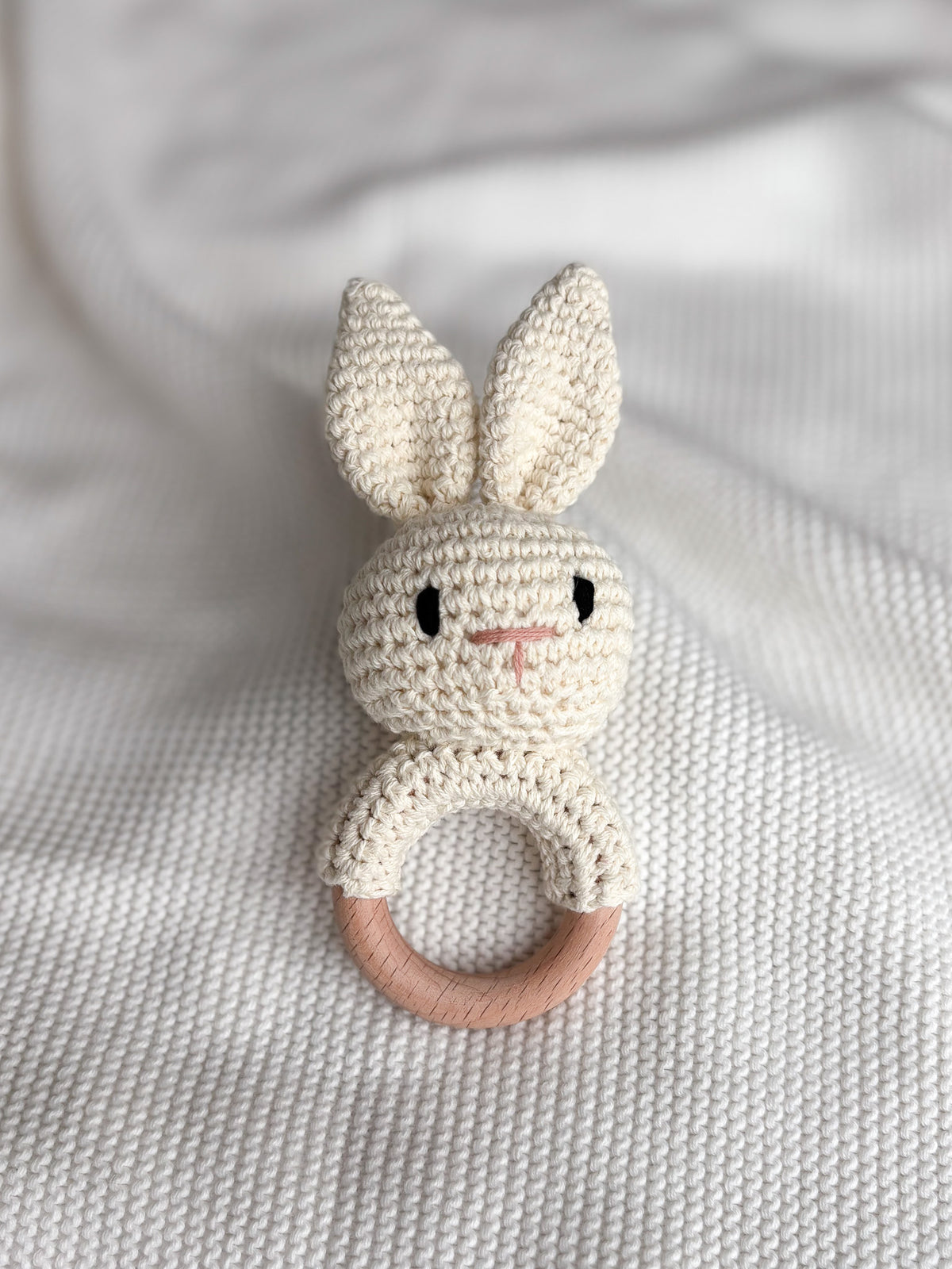 Ivory crochet bunny rattle to pair with a personalised baby blanket