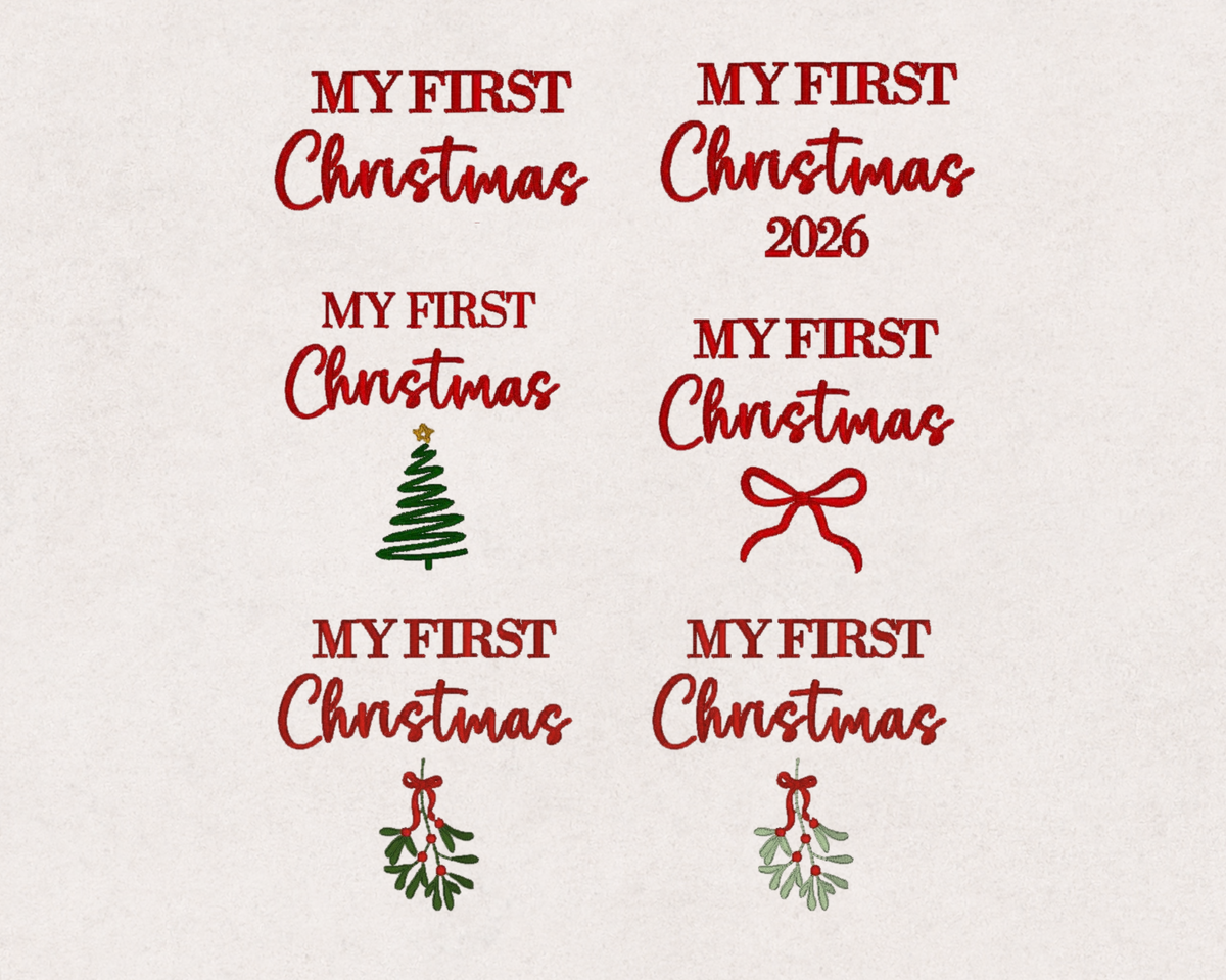 My First Christmas embroidery design options for personalised baby blankets, including Christmas tree, bow and mistletoe