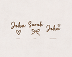 Personalised baby embroidery design options showing a custom name with a heart, bow or small heart