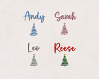 Personalised Christmas baby romper embroidery examples showing custom names and Christmas trees in blue, pink, sage and green