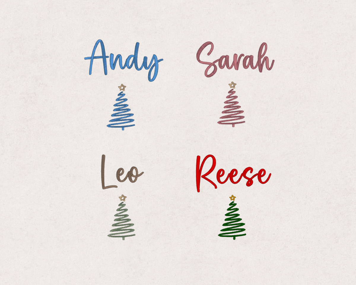 Personalised Christmas baby romper embroidery examples showing custom names and Christmas trees in blue, pink, sage and green