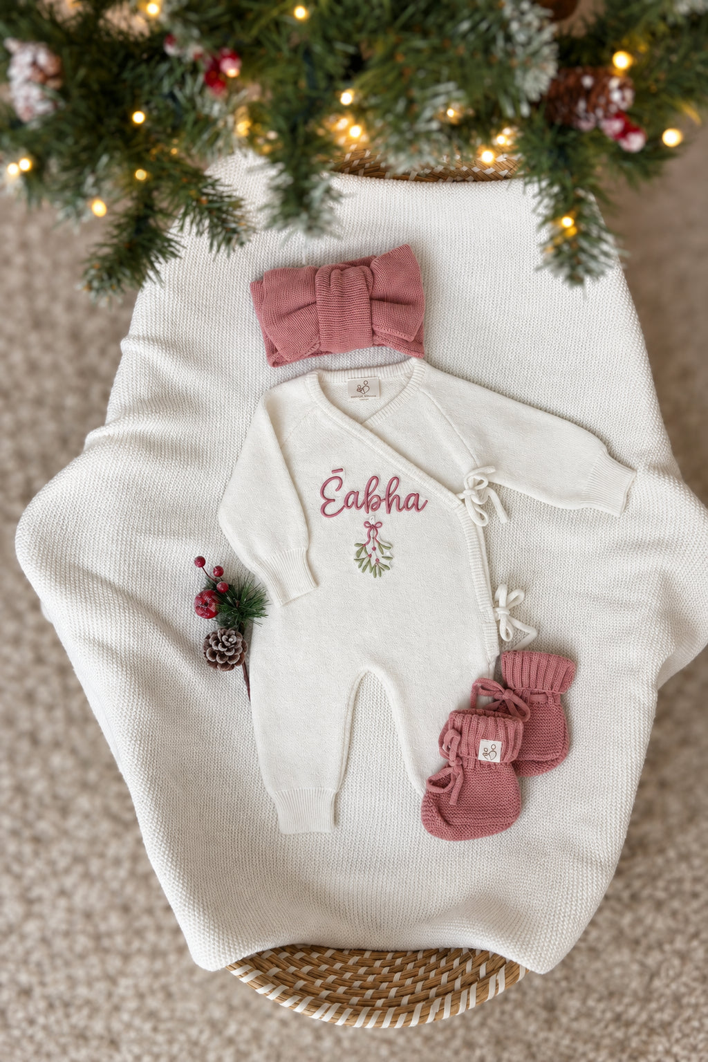 Personalised name and mistletoe Christmas wrap romper with dusty pink baby booties and headbow