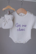 Personalised ivory knitted baby romper with matching ivory booties