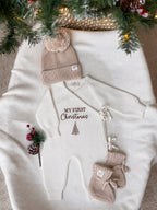 Personalised ivory My First Christmas wrap romper with beige embroidery and Christmas tree design
