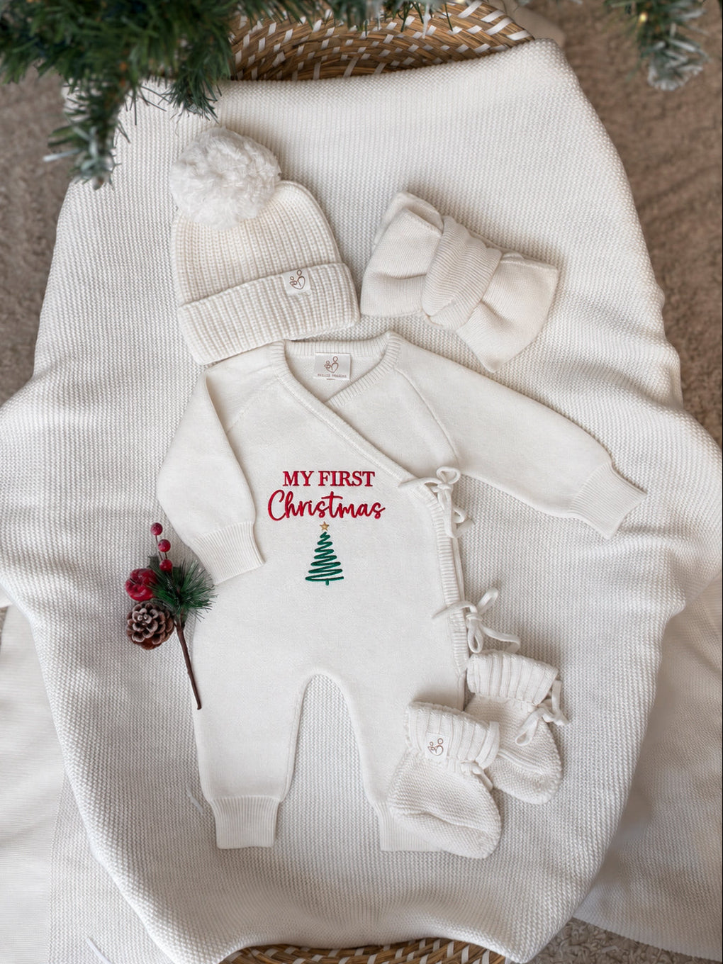 Personalised ivory My First Christmas wrap romper with Christmas tree embroidery