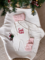 Personalised Santa Baby Christmas wrap romper with pink knitted baby booties and headbow