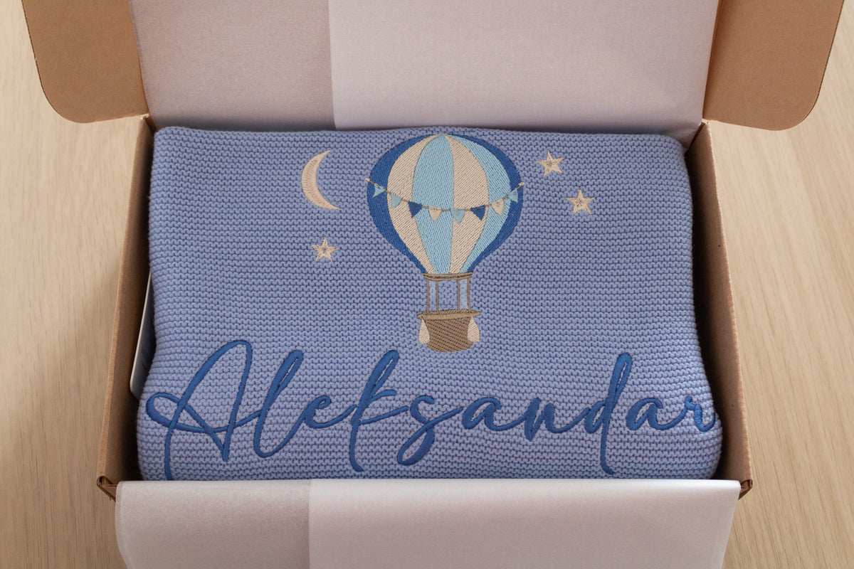 Blue Hot Air Balloon | Personalised Baby Blanket