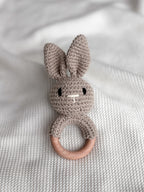 Taupe crochet bunny rattle to pair with a personalised baby blanket